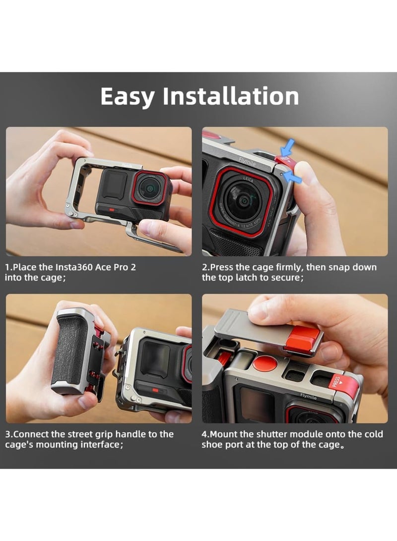Camera Grip Holder Set,Camera Cage Set for Insta360 Ace Pro2/Ace Pro with Shutter on,Lens Cap,Strap,Full Protection,Easy Grip for Steady Shots,Travel Friendly,Ideal for Content Creators (Black) - Image 2